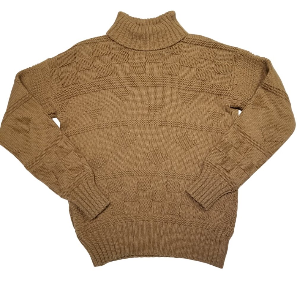 Vintage Men's Turtleneck Chunky Knit Sweater Large Khaki/Tan Brown Jumper Unisex